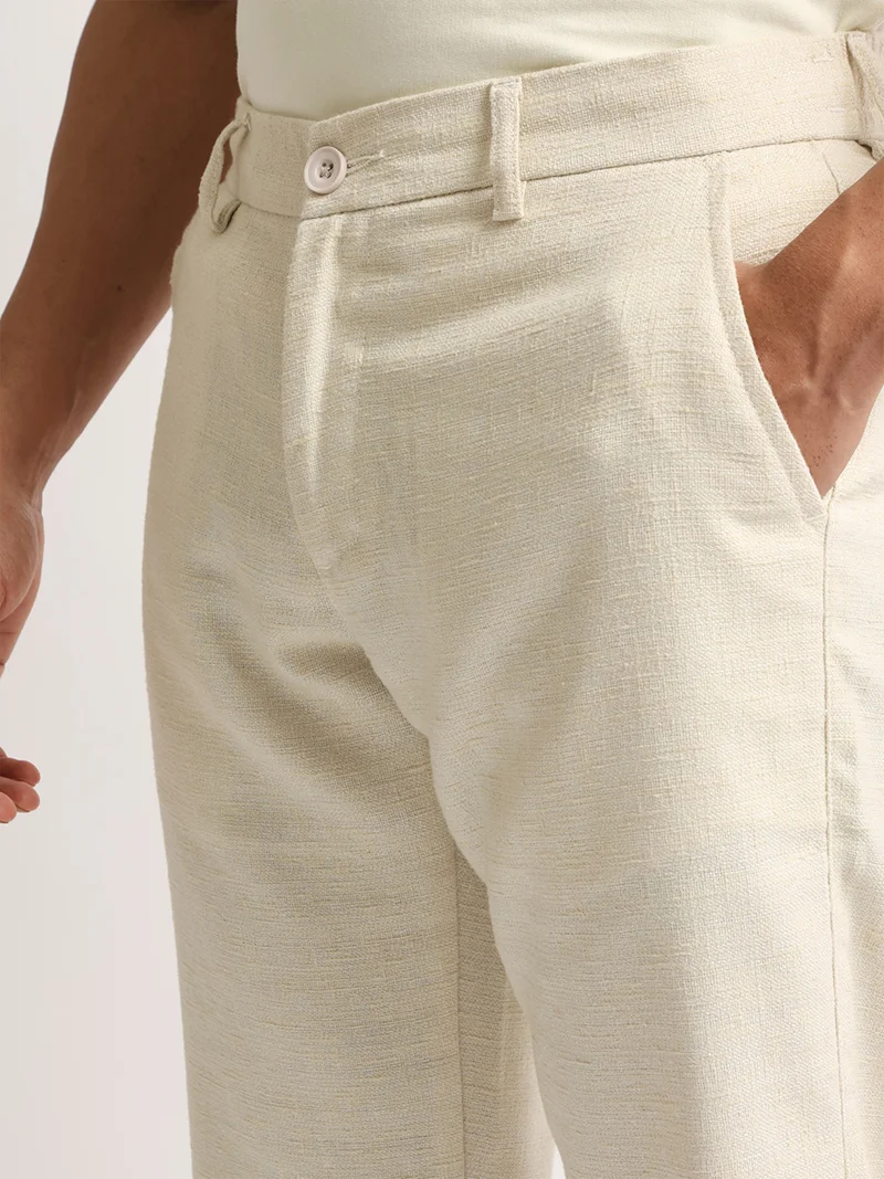 Maniac  Maniac Mens Solid Beige Turkish Linen Cotton Blend Trouser for Men | Best Price UAE